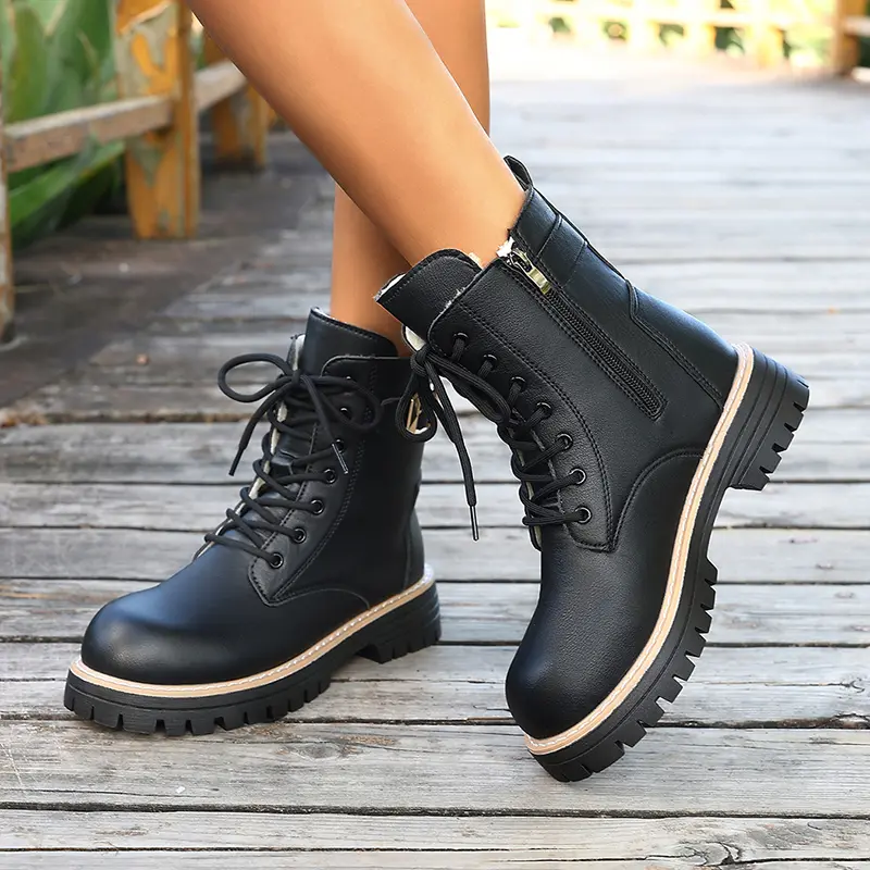 Fashion Boots Women Lace up Warm Short Plush Ankle Boots Women Buckle Thick Sole PU Leather Boots