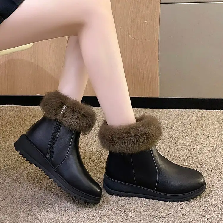 Winter Women's Boots Leather Warm Ankle Boots with Non-Slip Sole Zipper Fashionable Comfortable