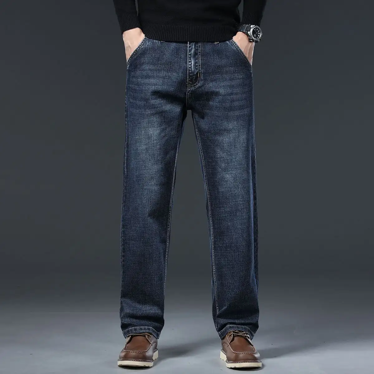Men's Fit Straight Lightweight Denim Pants Casual Male Waist Jeans