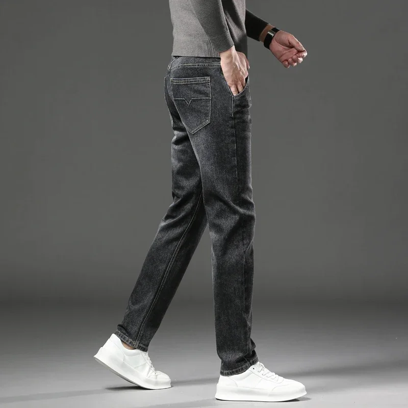 Men's Classic Warm Fleece Jeans Casual Male Thick Velvet Fit Trousers Elastic Denim Pants