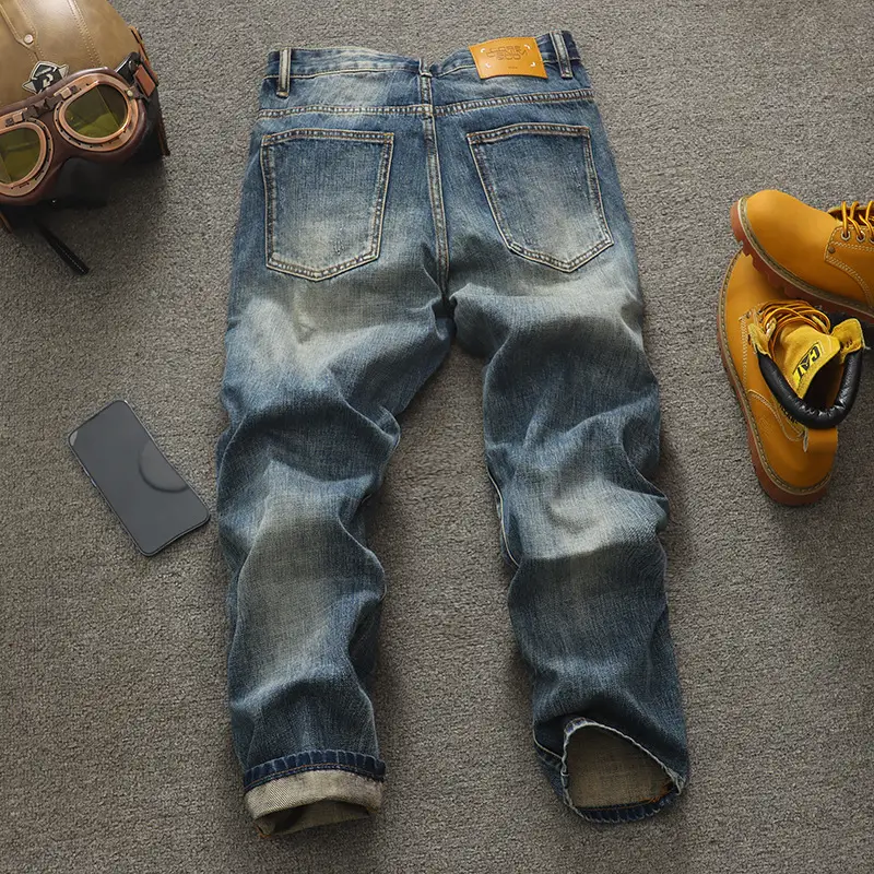Men's Retro Patch Loose Straight Leg Jeans For Men,Nostalgic Pants