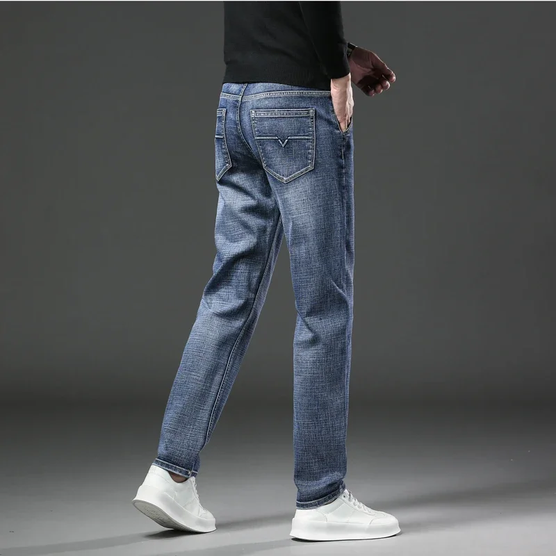 Men's Classic Warm Fleece Jeans Casual Male Thick Velvet Fit Trousers Elastic Denim Pants