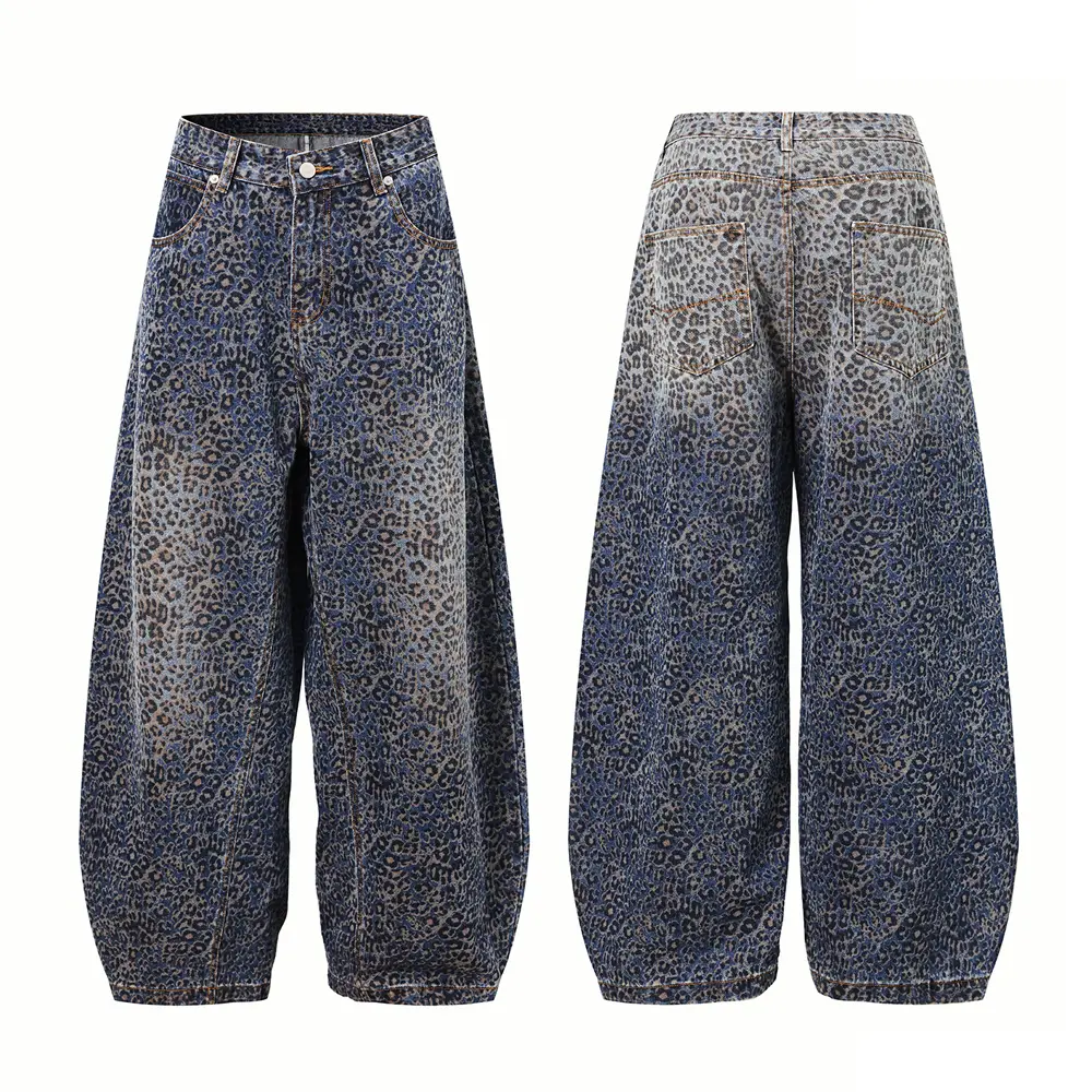 Men's Loose-Fitting Casual Street Style Wide-Leg Leopard Print Jeans With Curved Blades