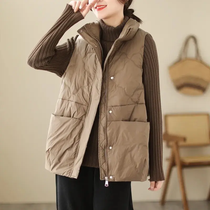 Women's Down-Filled Cotton Vest, Warm, Stylish, Loose-Fitting, Sleeveless Jacket