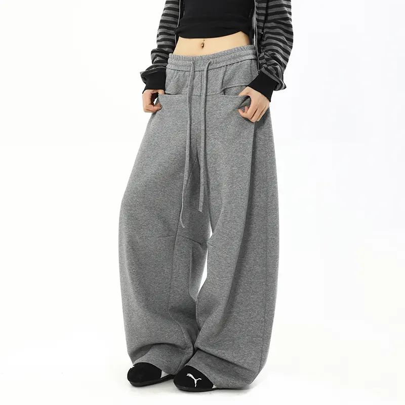 Korean Style Curved Blade Casual Pants With Drawstring, Fashionable Loose Straight Leg Wide-Leg Pants