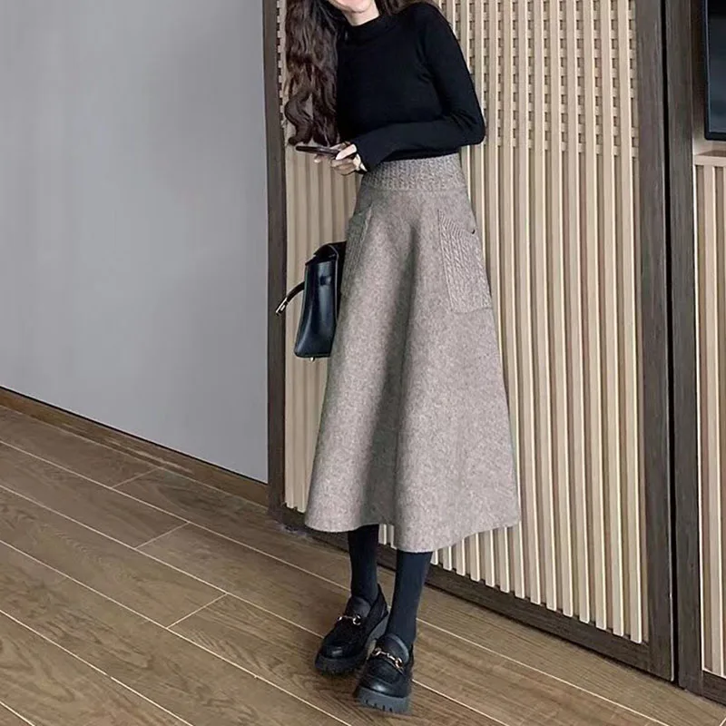 Women Knitted Midi Skirts Two Pocket Long Skirt Female Elegant High Waist Skirts