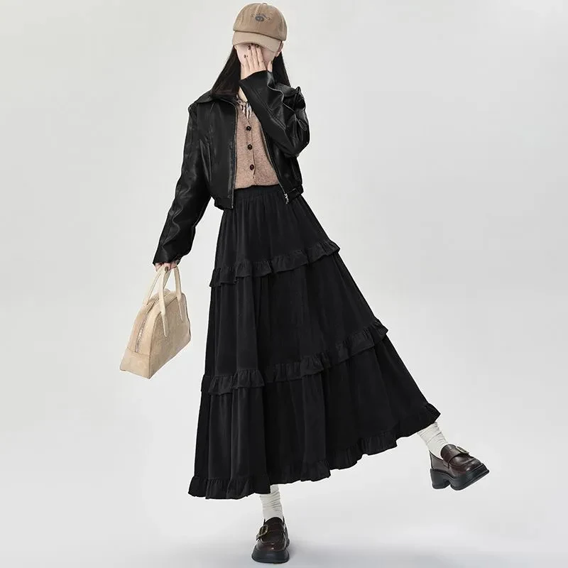 Fashion Women Midi Skirt Thick Ruffled Patchwork Casual Skirt