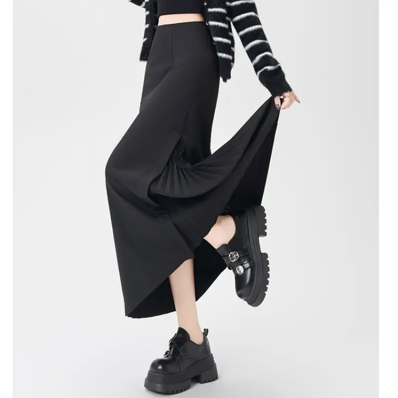 High Quality Side Pleated Skirt Women High Waist A Line Long Skirts Female Elegant