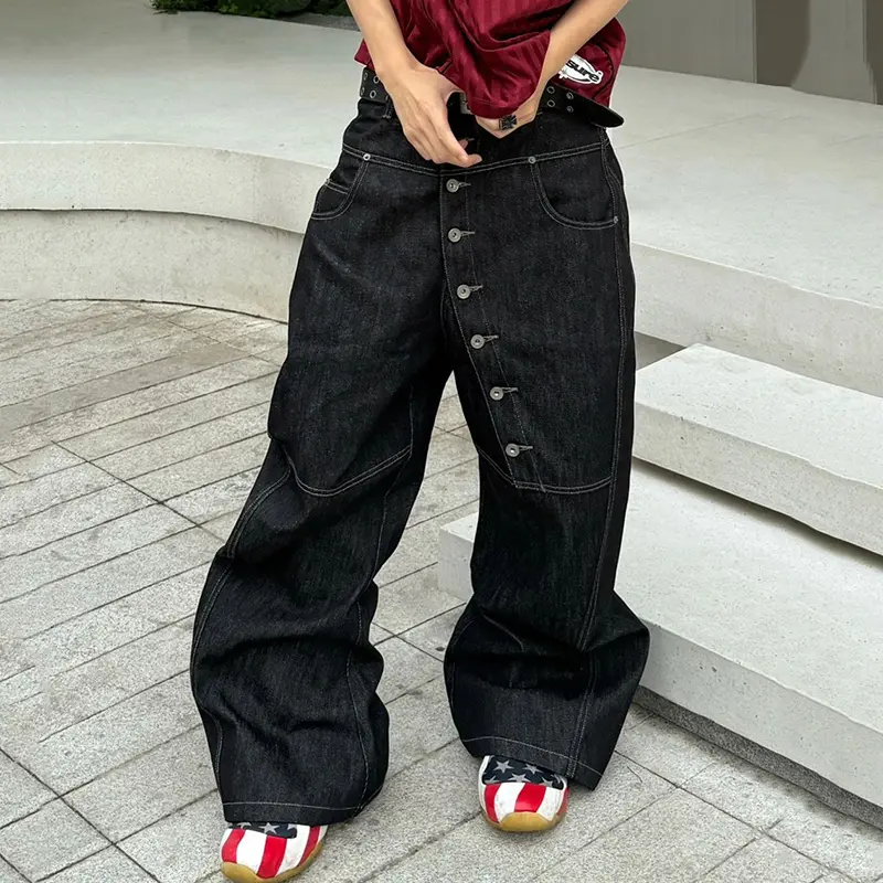 High-Street Button-Down Wide-Leg Jeans For Men - Fashionable