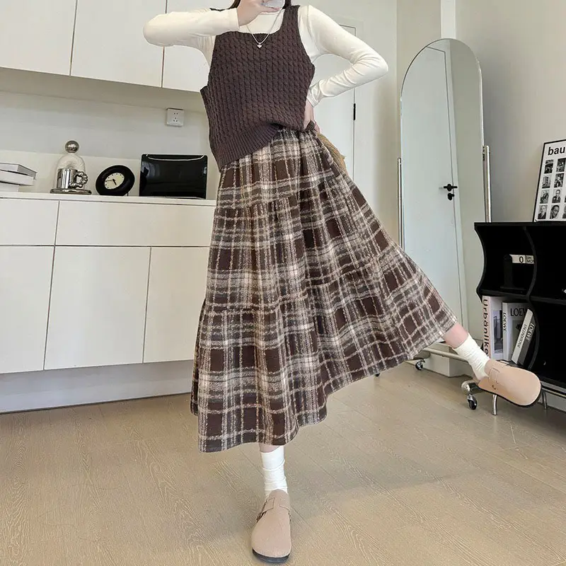 Plaid Skirt Women New Lazy Wind Thin A Word Cake Skirt In The Long Skirt