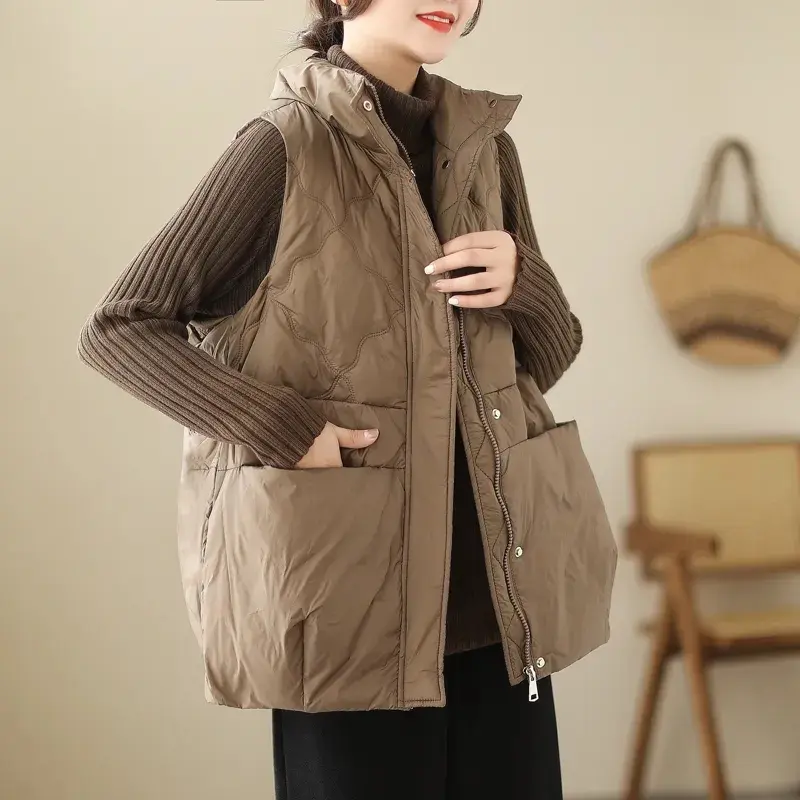 Women's Down-Filled Cotton Vest, Warm, Stylish, Loose-Fitting, Sleeveless Jacket