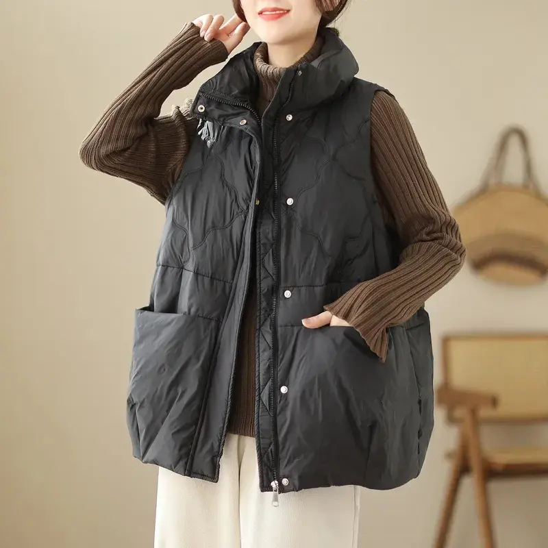 Women's Down-Filled Cotton Vest, Warm, Stylish, Loose-Fitting, Sleeveless Jacket