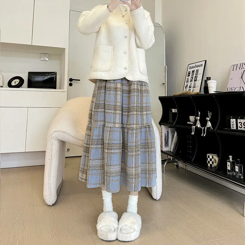 Plaid Skirt Women New Lazy Wind Thin A Word Cake Skirt In The Long Skirt