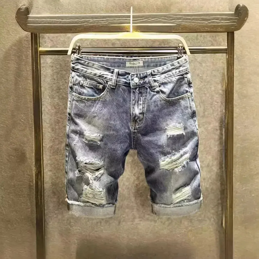 Summer Holeed Denim Shorts Men's Fashion Trendy Cool Casual Torn-up Denim Shorts