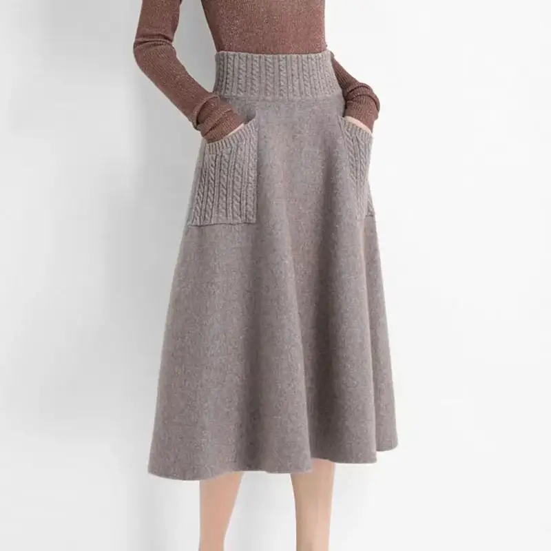 Women Knitted Midi Skirts Two Pocket Long Skirt Female Elegant High Waist Skirts