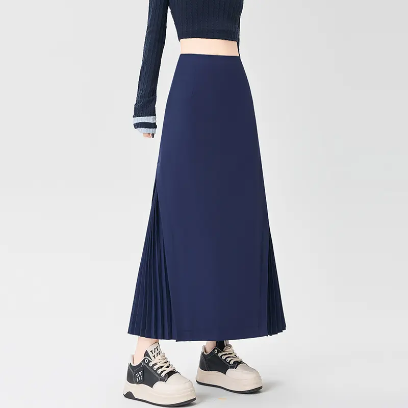 High Quality Side Pleated Skirt Women High Waist A...