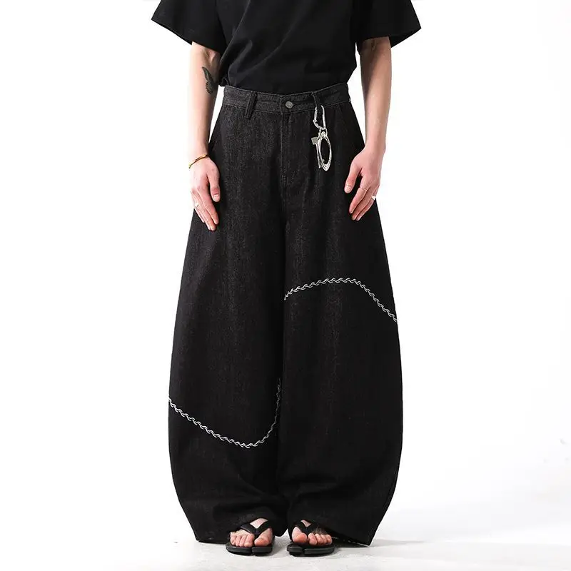 Men's Fashionable Embroidered Jeans, Loose Straight Leg Wide-Leg American Design Trousers