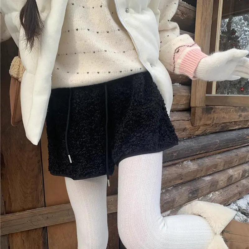 Autumn Winter Faux Lamb Wool Warm Shorts For Women Kawaii Sweet Soft Shorts Spicy Girl Streetwear Lace-Up