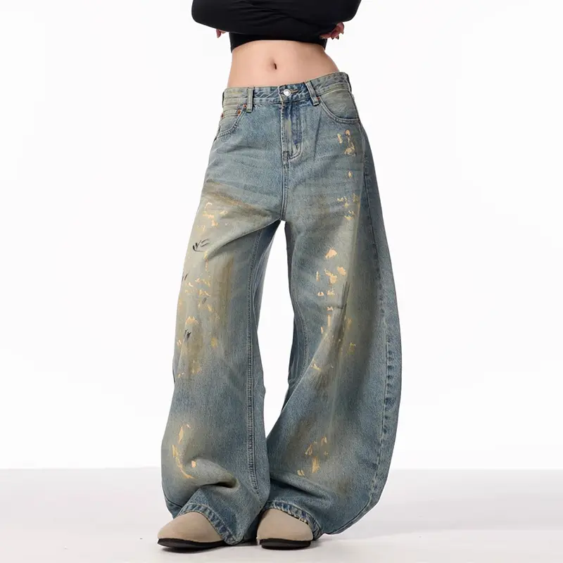 Splatter-Paint Distressed Design Curved Blade Jeans, Women's American Style Straight Leg Loose Casual Trousers