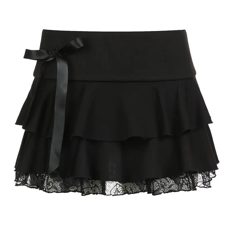 Black Lace Trim Bow Mini Skirt Women Streetwear
