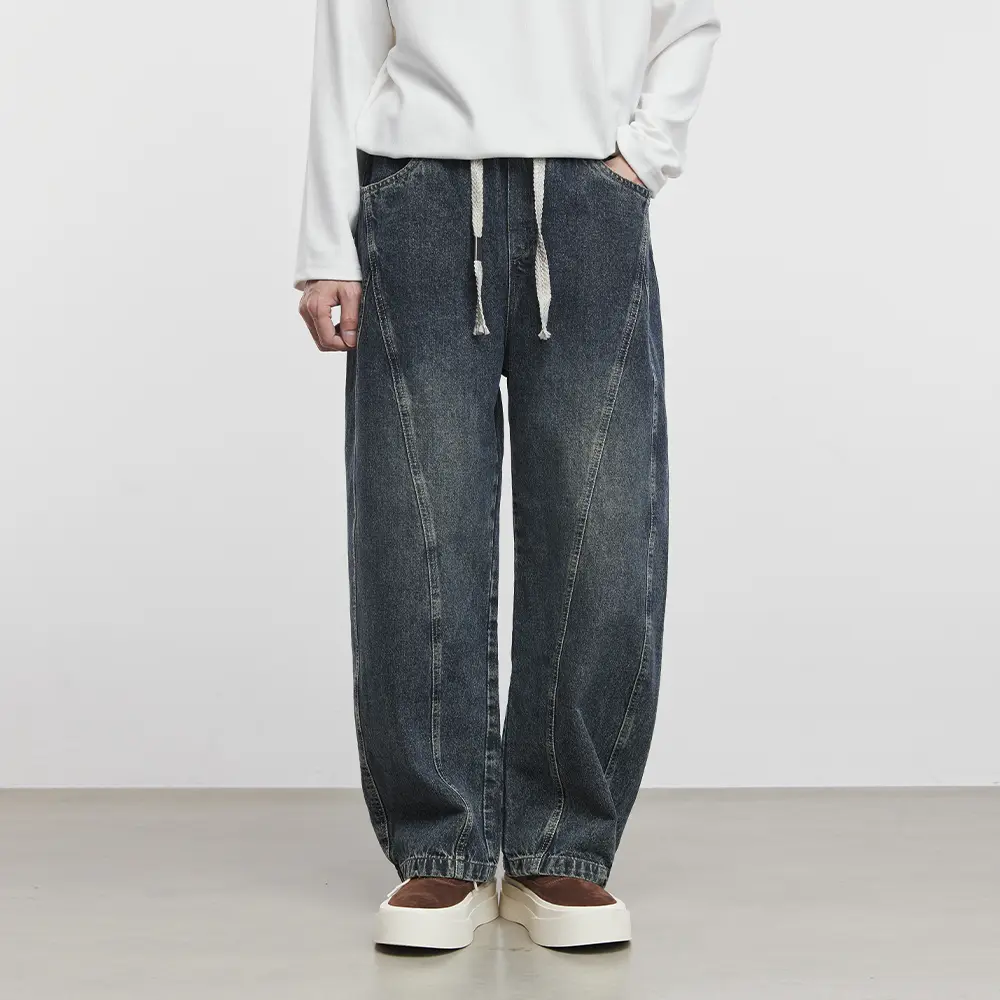 Men's Curved Blade Jeans, Retro Style, Elastic Waist, Loose Straight Leg Casual Pants