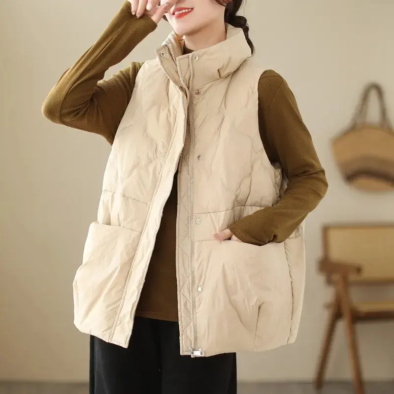 Women's Down-Filled Cotton Vest, Warm, Stylish, Loose-Fitting, Sleeveless Jacket