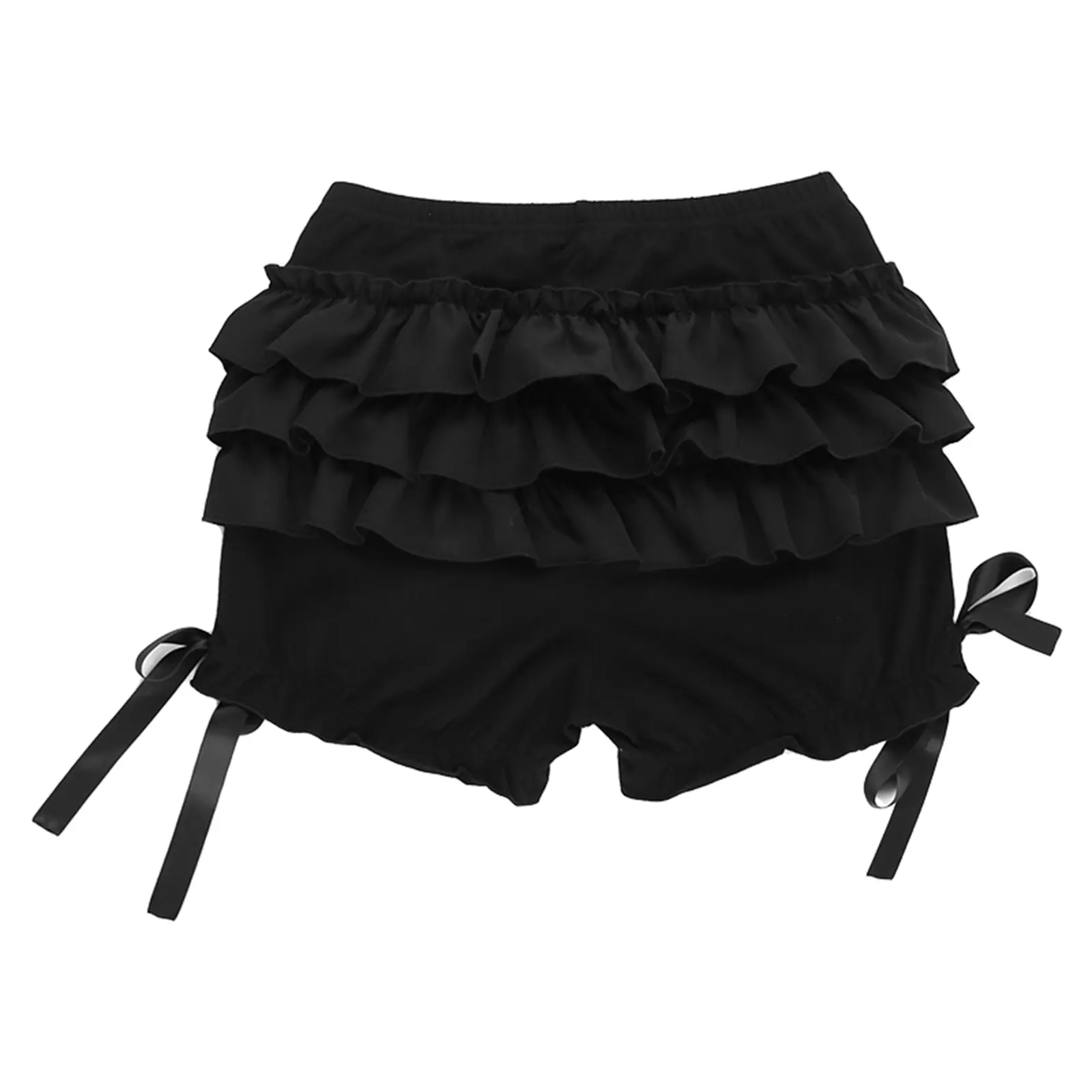 Gothic Black Bloomer Skorts Women's Summer Elastic Waist Ruffle Layered Skorts Streetwear High Waist