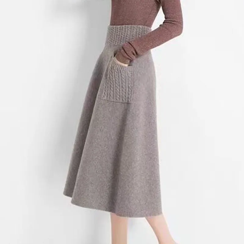 Women Knitted Midi Skirts Two Pocket Long Skirt Fe...