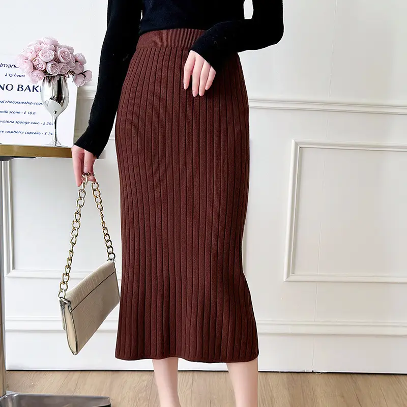 Chic Slim Fit A-Line Skirts for Women Elegant Elastic Waist Knitted Skirt Woman