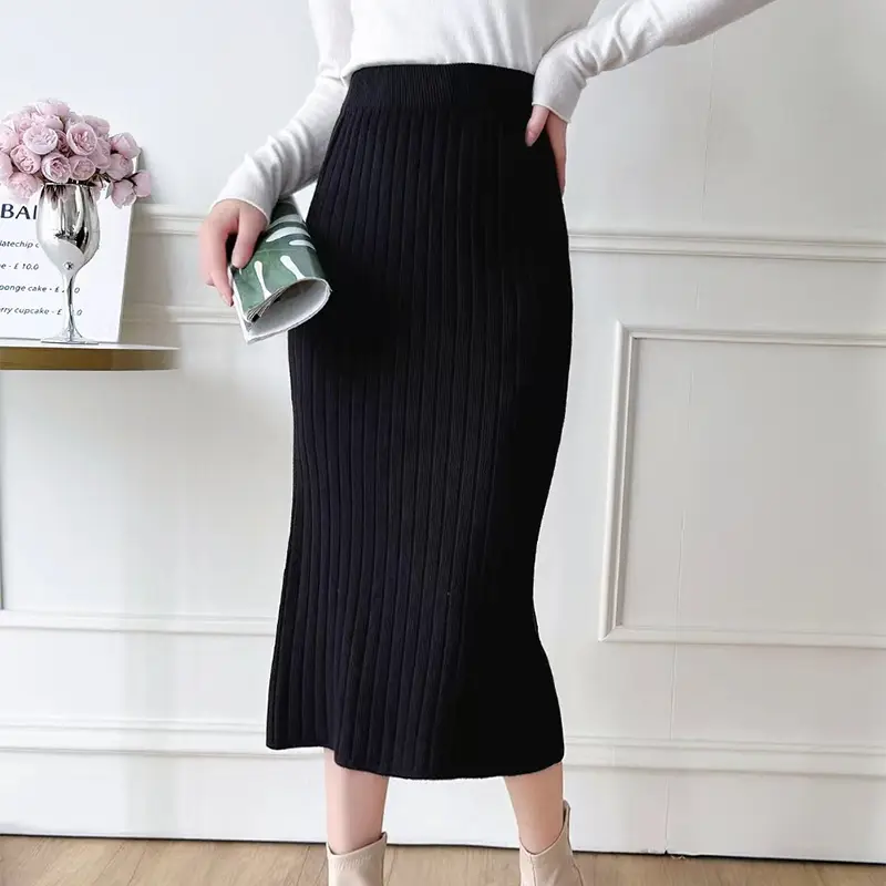 Chic Slim Fit A-Line Skirts for Women Elegant Elastic Waist Knitted Skirt Woman