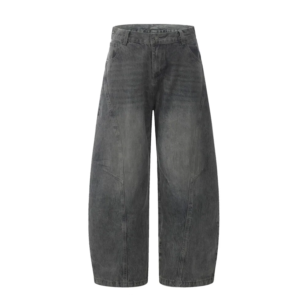 Curved Blade Jeans, Men's Washed Distressed Retro High Street Loose Wide-Leg Jeans
