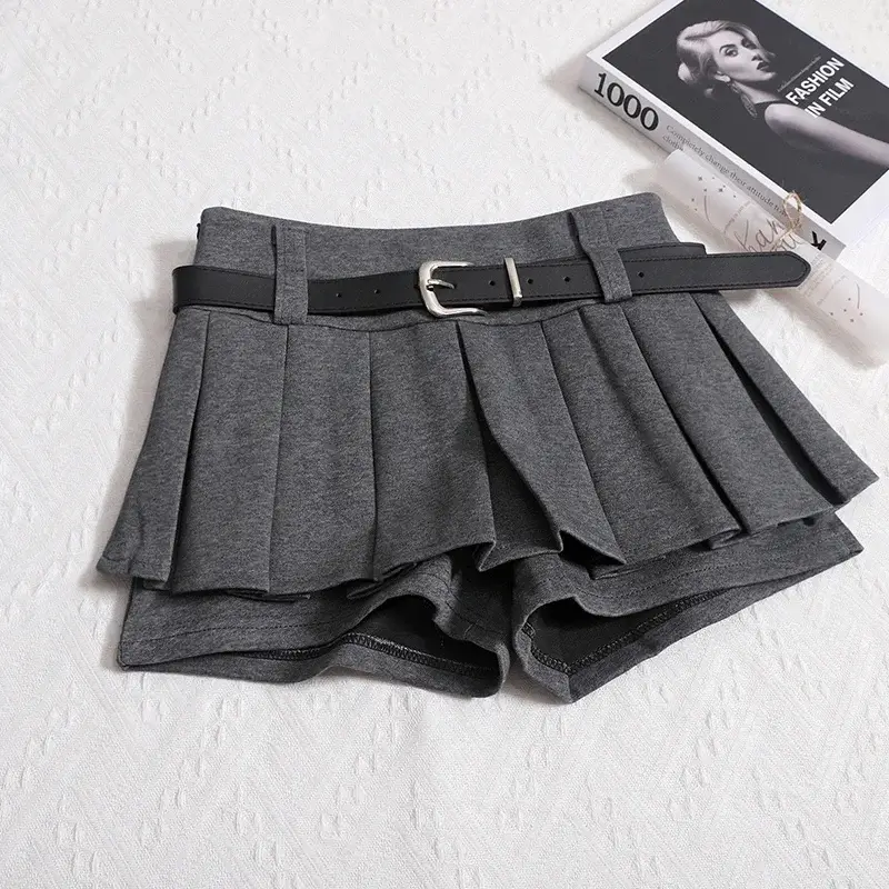 Women Skorts Autumn Winter Belt High Waist Fluffy Pleated Fashion Sexy