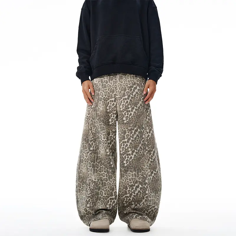 American Retro Leopard Print Curved Trousers, Loose Silhouette, Floor-Length Trousers