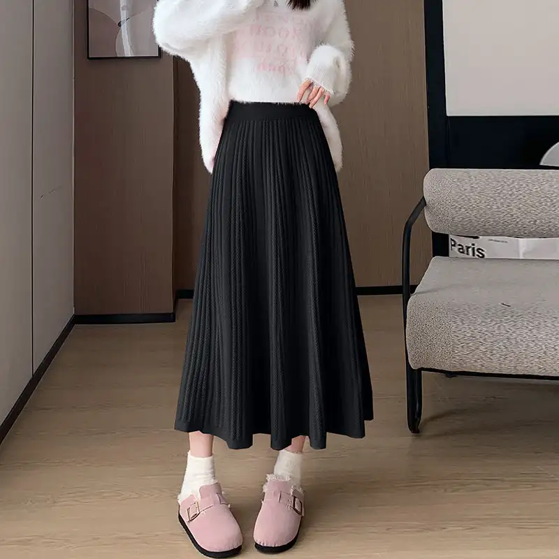 Knitted Pleated Skirt Half Skirt, High Waisted A-Line Mid Length Style