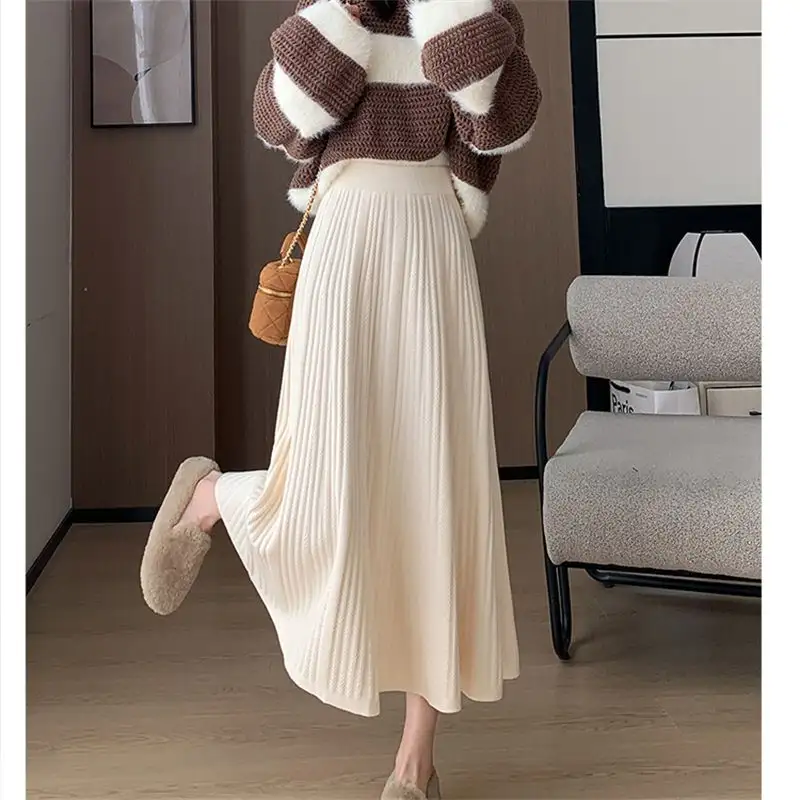 Knitted Pleated Skirt Half Skirt, High Waisted A-Line Mid Length Style