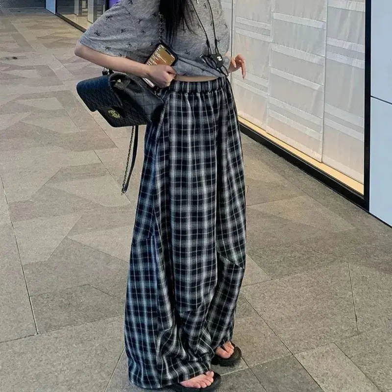 Retro Plaid Wide-Leg Trousers, Casual Curved Trousers, Loose Pockets