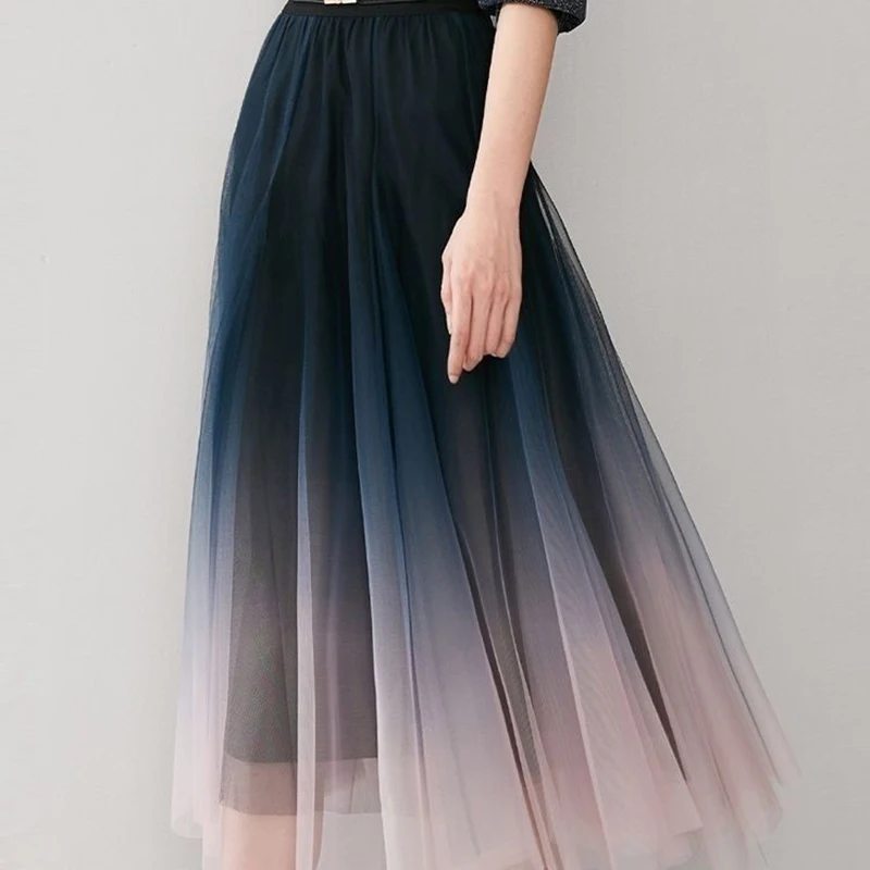Elegant Tulle Skirts Women High Waist Gradient Mesh Pleated Midi Skirt