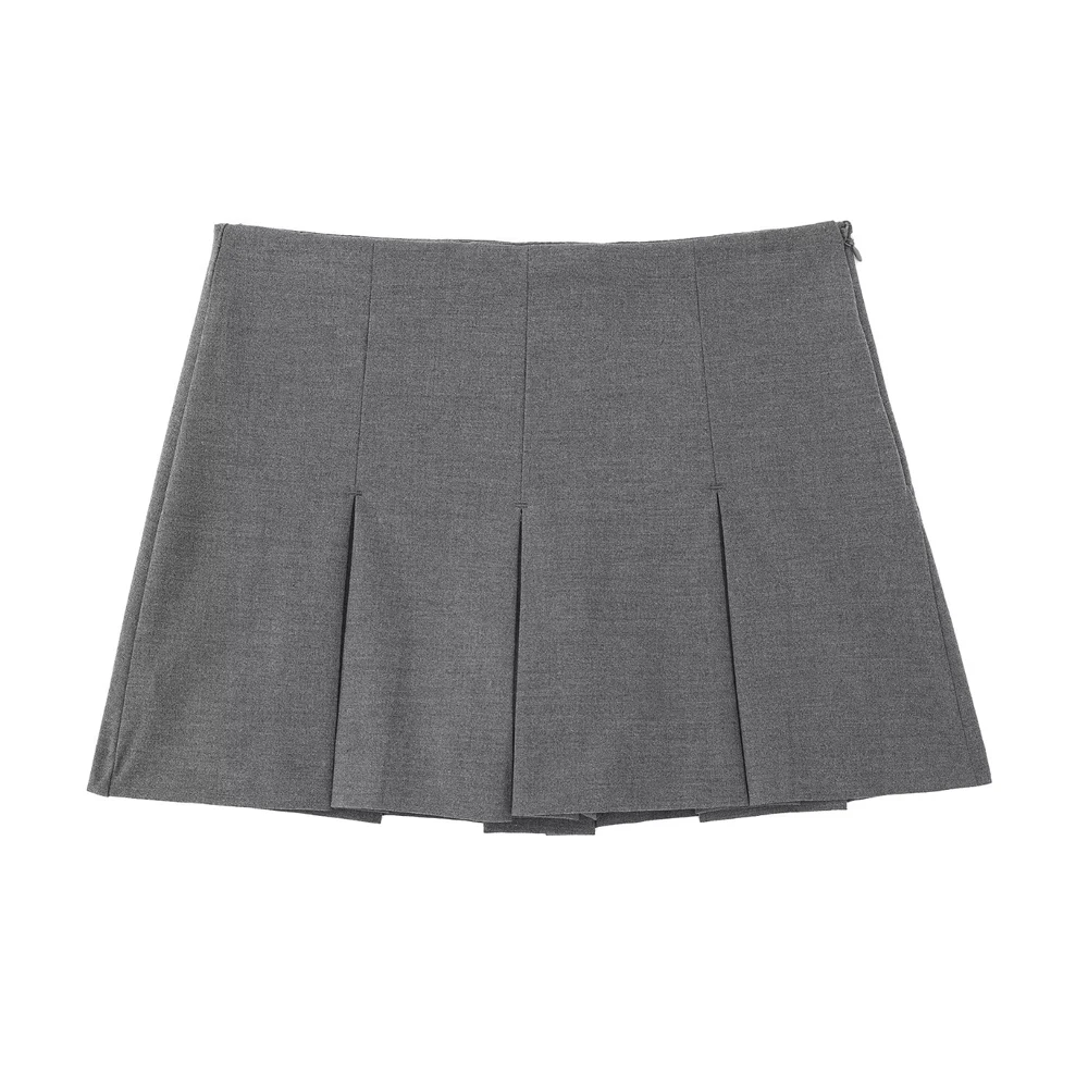 Women Fashion With Pleated Skorts Vintage High Waist Side Zipper Female Skort