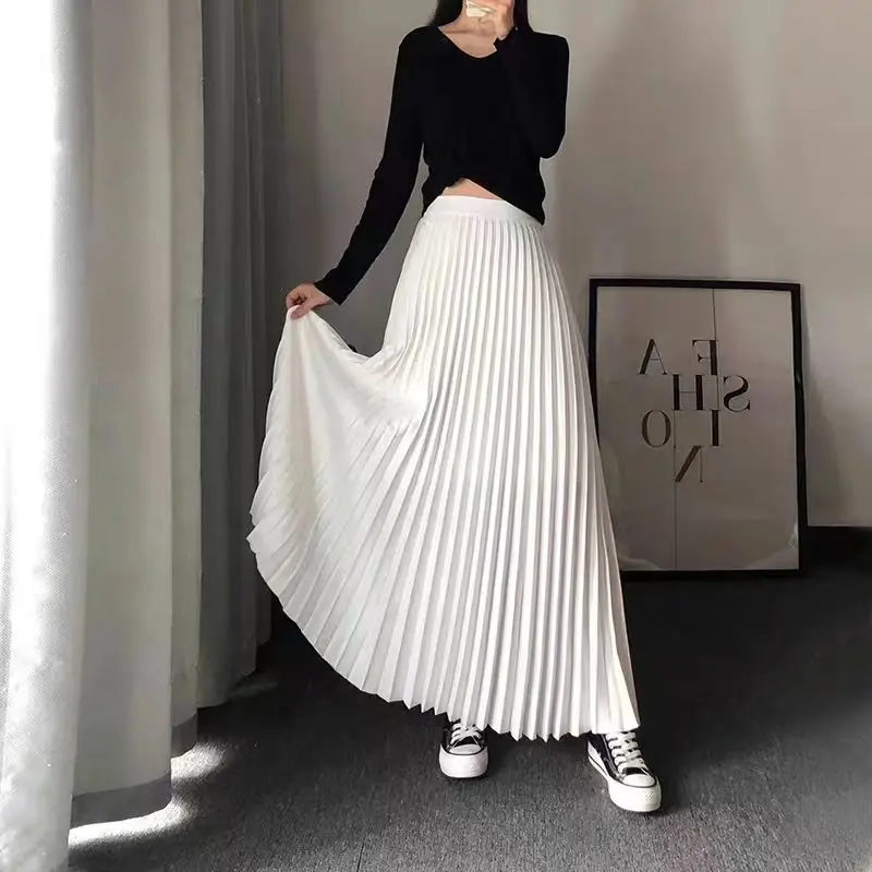 Shiny Pleated Long Skirt Women Elastic High Waist Slim Solid A-Line