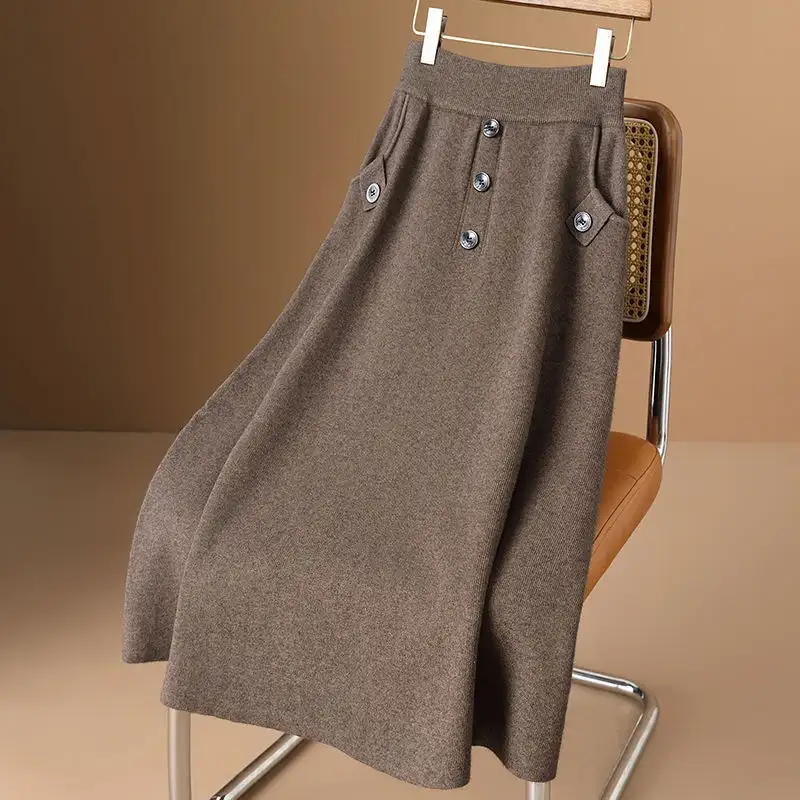 Knitted Skirt Women's Style Mid-length Elastic A-line Hip Skirt High Waist Umbrella Skirt