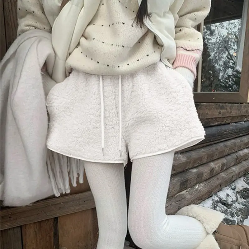 Autumn Winter Faux Lamb Wool Warm Shorts For Women Kawaii Sweet Soft Shorts Spicy Girl Streetwear Lace-Up