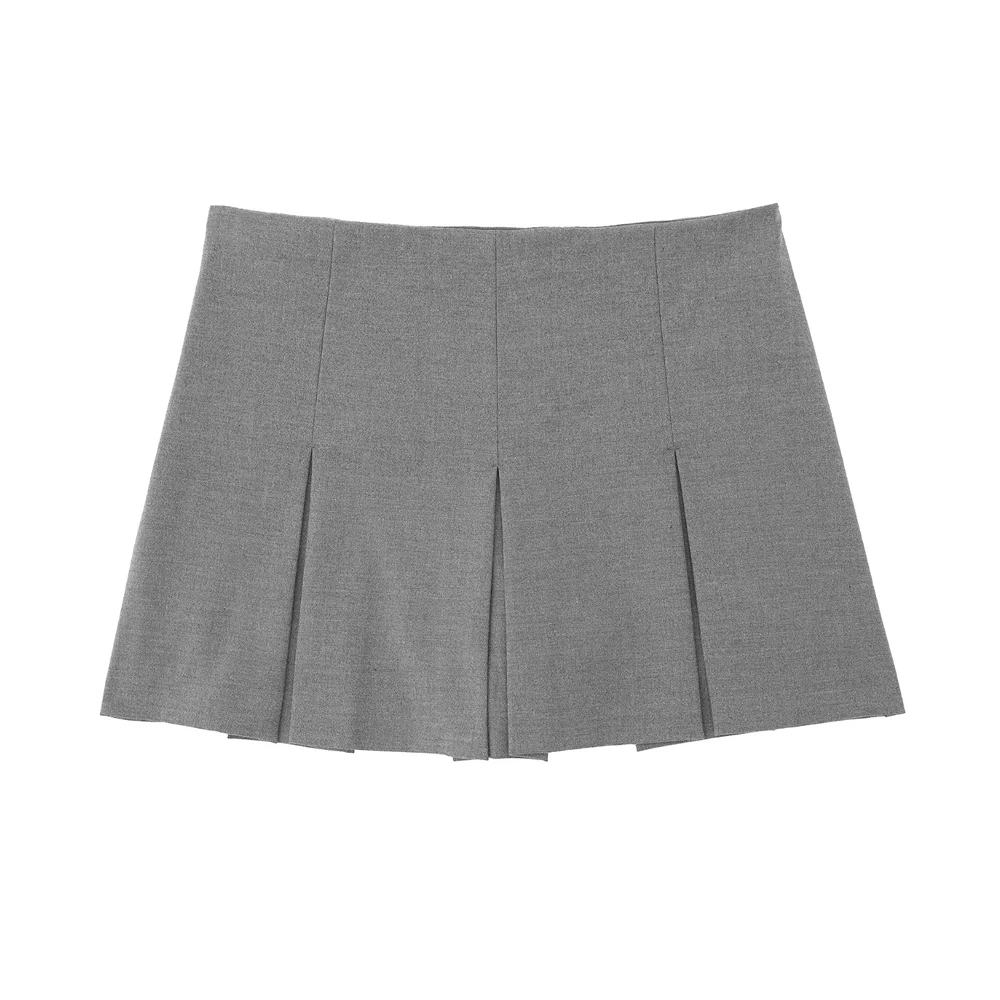 Women Fashion With Pleated Skorts Vintage High Waist Side Zipper Female Skort