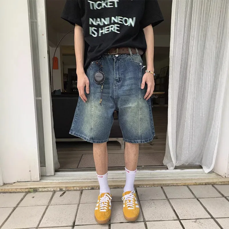 Washed Vintage Denim Shorts Loose Straight Leg Five Inch Mid Length Pants