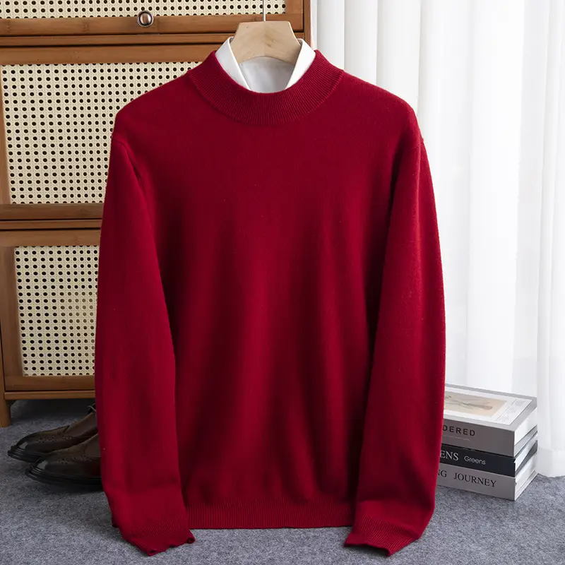 Men's Wool Pullover Half-High Collar Sweater Warm Solid Color Knit Sweater Business Casual Top
