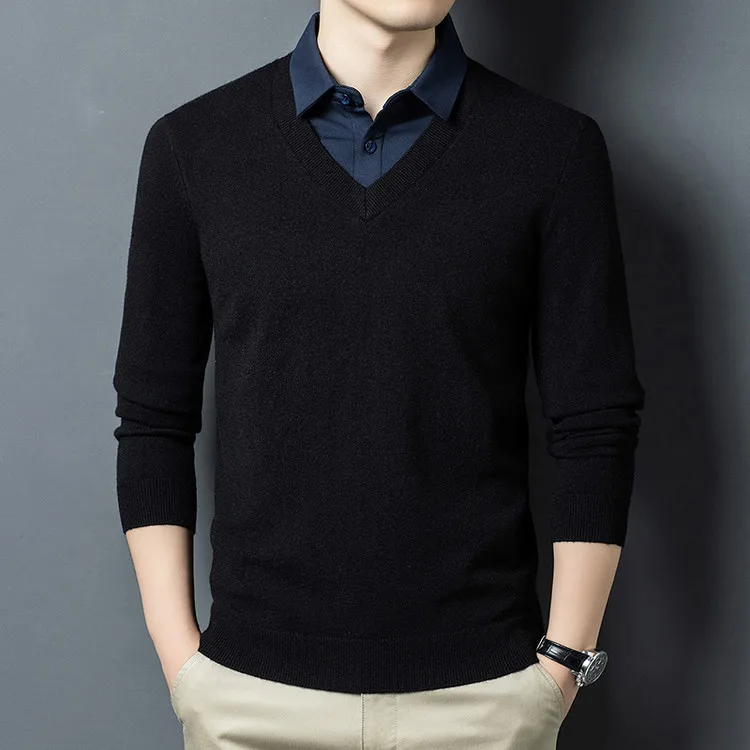 Men's Two-Layer Knit Sweater Shirt-Style Collar Warm All-In-One Design Shirt Collar Knit