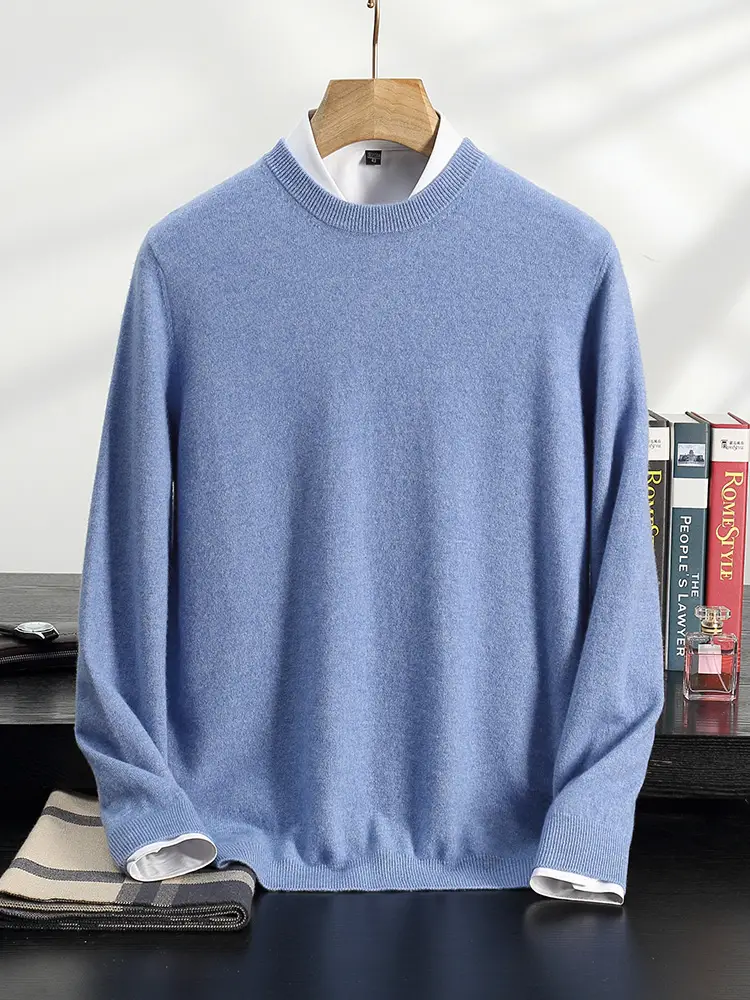 Pure Cashmere Sweater Men's O-Neck Solid Color Long Sleeved Tops Casual Menswear