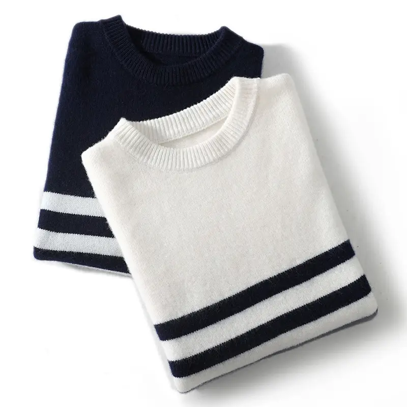 Round Neck Pure Wool Sweater Men's Casual Loose Thick Sweater Striped Knitted Base Cashmere Sweaters
