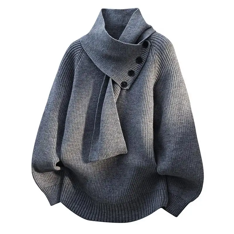 Men's Fashion Scarf Design Sweater Casual Loose Button Decor Knit Pullover