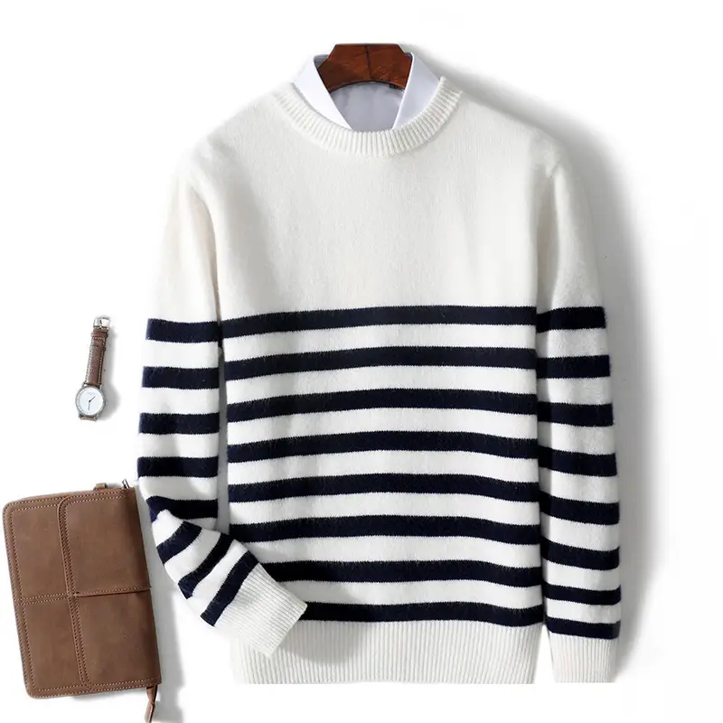 Round Neck Pure Wool Sweater Men's Casual Loose Th...