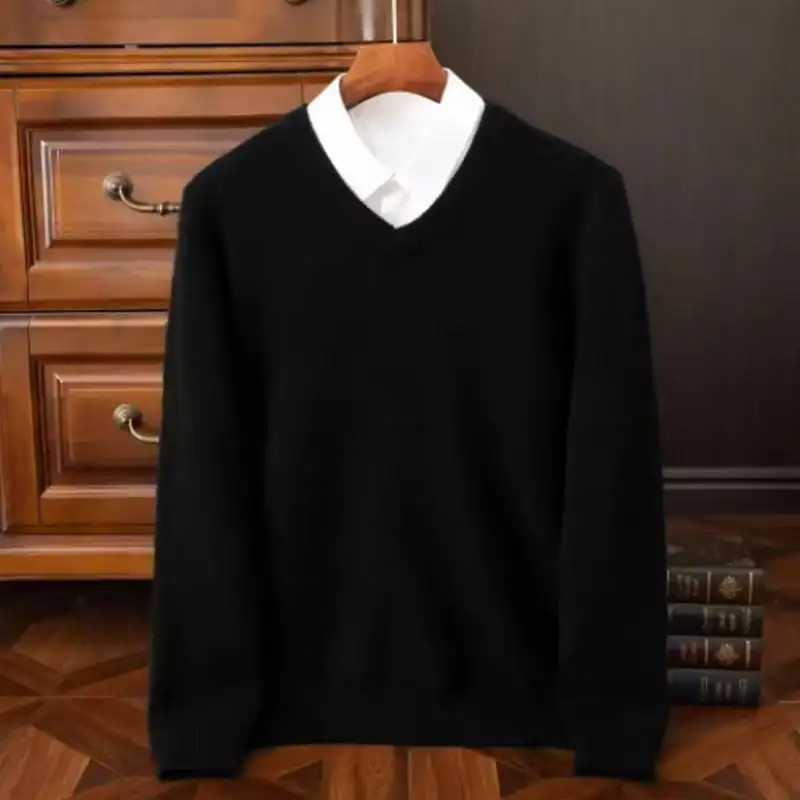 Men's Wool Warm Pullovers Sweater V-Neck Knit Fit Tops Male Cashmere Knitwear Jumpers